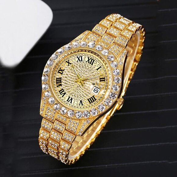 ✨ Hunruy Watches Men Gold Big Rocks Roman Numerals Fully Iced Out Dial Watch - Picture 3 of 6